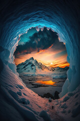 Looking out over snowy mountains at sunset from inside a blue ice cave - Created with generative AI technology