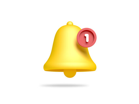 Yellow notification bell isolated on white background. 3d illustration