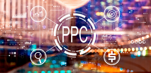 PPC - Pay per click concept with big city lights at night - obrazy, fototapety, plakaty