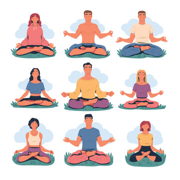 Tranquil Calm People Meditating On Nature Set. Meditation Practice, Harmony, Healthy Lifestyle Cartoon Vector Illustration