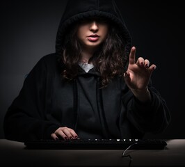 Female hacker hacking security firewall late in office
