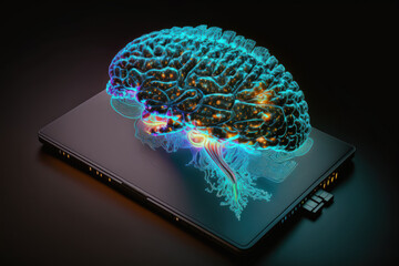 On a contemporary laptop background, a creative artificial intelligence concept shows a hologram of the human brain. Multiexposure. Generative AI