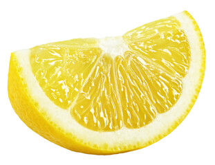 Ripe wedge of yellow lemon citrus fruit stand isolated on transparent background - 569701749
