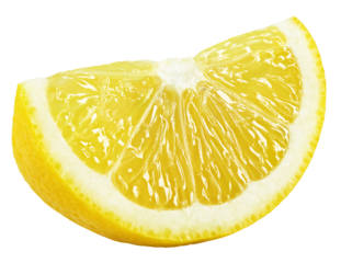 Ripe wedge of yellow lemon citrus fruit stand isolated on transparent background