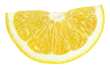 Ripe wedge of yellow lemon citrus fruit stand isolated on transparent background