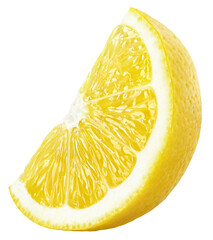 Ripe wedge of yellow lemon citrus fruit stand isolated on transparent background - 569701783