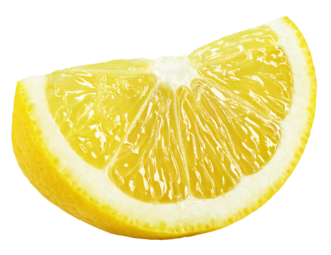 Ripe wedge of yellow lemon citrus fruit stand isolated on transparent background
