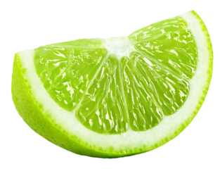 Ripe slice of green lime citrus fruit stand isolated on transparent background
