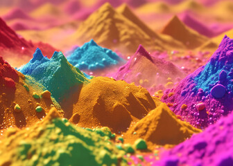 Piles of colored powder gulal abir for Holi, Generative AI illustration