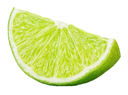 Ripe slice of green lime citrus fruit stand isolated on transparent background