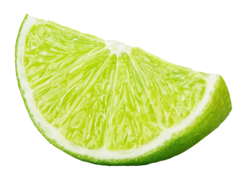 Ripe slice of green lime citrus fruit stand isolated on transparent background