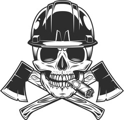 Wooden axe construction builder tool. Skull smoking cigar or cigarette smoke in hard hat and crossed metal ax with handle made of wood. Element for business woodworking or lumberjack emblem or icon.