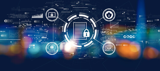 Data protection concept with blurred city lights at night