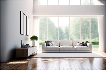 Modern Luxury Living Room with White Sofa on Nature Background Minimal Interior - Post-processed Generative AI