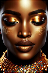Gold Luxury Black Skin Woman African Ethnic Female Face Young African American Model with Jewelry - Post-processed Generative AI