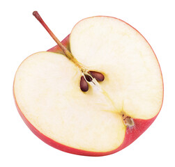 Ripe red apple half fruit isolated on transparent background. Half of red apple fruit with stem
