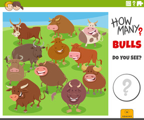 Fototapeta na wymiar counting cartoon bulls farm animals educational game