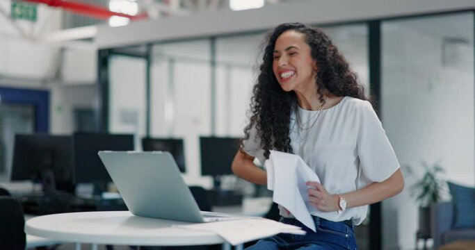 Worker, success or throwing paper in laptop finance growth, stock market achievement or slow motion profit. Happy smile, winner or air documents for financial business woman or technology celebration