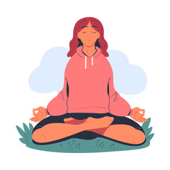 Calm beautiful woman meditating in lotus position on nature cartoon vector illustration