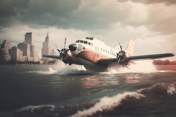 Seaplane has just landed in the River in NYC. Generative AI - obrazy, fototapety, plakaty