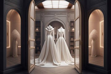 Amazing white wedding dresses on mannequins. Generative AI