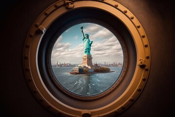 View of the statue of liberty from the ship. Generative AI