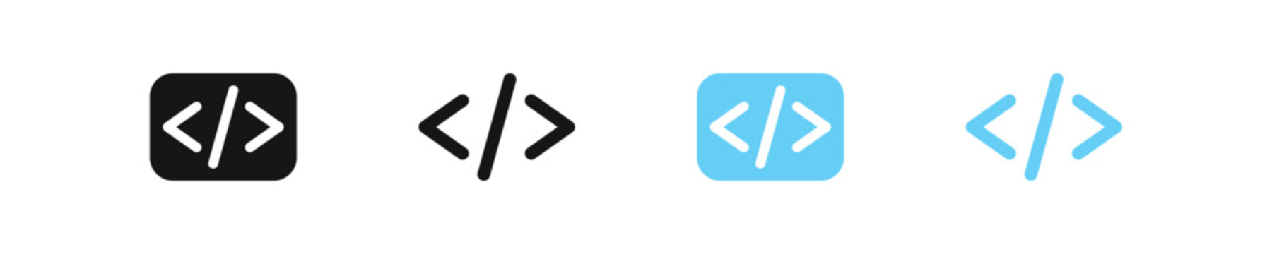 Code icon. Software symbol. Developer signs. Frontend, backend symbols. Computer technology icons. Black and blue color. Vector sign.