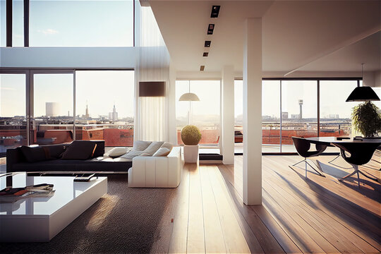 Luxury penthouse apartment with a terrace overlooking a city skyline, generative AI