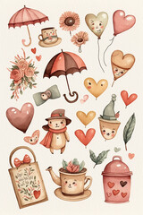 Cute illustrations in Water color of sweet emotes and objects, hearts and flowers, love card for valentine ,Generative AI