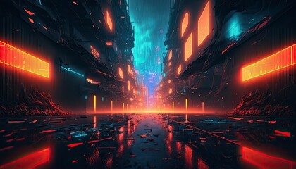 Painting 3D render of dystopia ruined cyber city scape walkway buildings Cyberpunk, Futuristic world Generative AI tool