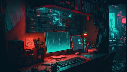 Painting 3D render of a computer lab, hackers cave, cyber security room, futuristic, science Generative AI tool