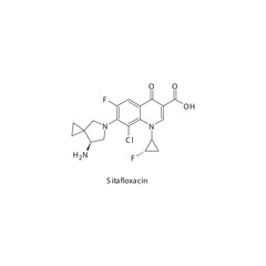 Sitafloxacin  flat skeletal molecular structure 4th generation Fluoroquinolone antibiotic drug used in  treatment. Vector illustration.