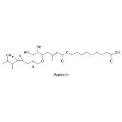 Mupirocin flat skeletal molecular structure Isoleucine—tRNA ligase inhibitor antibiotic drug used in  treatment. Vector illustration.