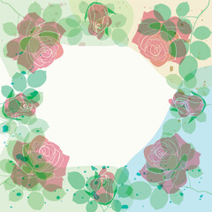 Art of roses and leaves. Elements in pastel color tones with ink splashes on square shape with circular space. Vector illustration.