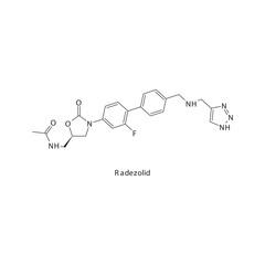 Radezolid  flat skeletal molecular structure Oxazolidone antibiotic drug used in  treatment. Vector illustration.