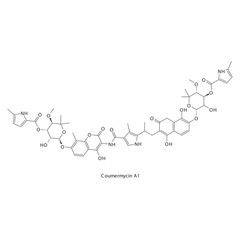 Coumermycin A1 flat skeletal molecular structure Aminocoumarin antibiotic drug used in  treatment. Vector illustration.