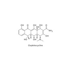 Oxytetracycline  flat skeletal molecular structure Tetracycline antibiotic drug used in  treatment. Vector illustration.