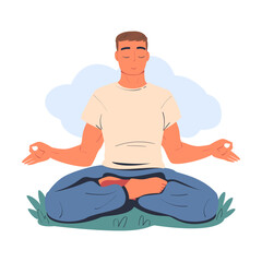 Peaceful young man meditating in lotus position on nature cartoon vector illustration