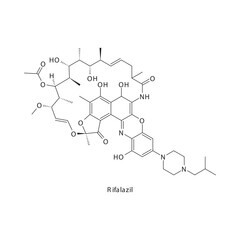 Rifalazil  flat skeletal molecular structure Rifamycin antibiotic drug used in  treatment. Vector illustration.