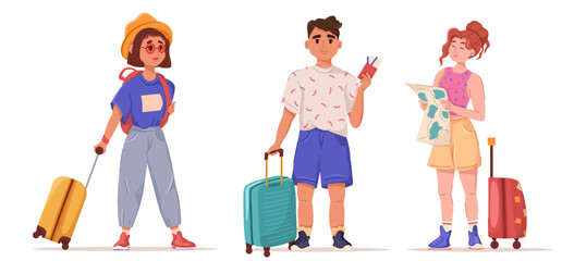 Set of flat vector illustrations of tourists on vacation. Seasonal vacation, adventure travel concept. Tourists with travel suitcases and a road map. Isolated on white background
