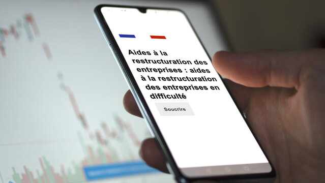 An entrepreneur subscribing to a support. Text in French: Business restructuring support: support for restructuring companies in difficulty on a phone