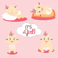 Cute baby girl set on pink background it'a a girl