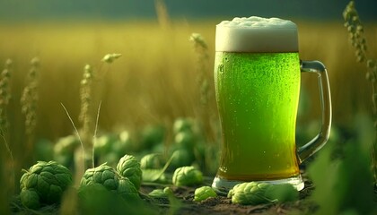 A pint of green beer with fresh green hops in grainy field. Traditional glass pint of Easter green beer drinking on the occasion of Green Thursday (Maundy Thursday, Holy Thursday). Generative AI