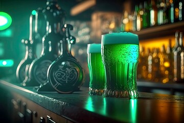 Pints of green beer placed on the bar in pub. Traditional glass pint of Easter green beer drinking on the occasion of Green Thursday (Maundy Thursday, Holy Thursday). Generative AI