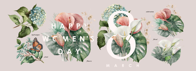Obraz na płótnie Canvas Floral vector watercolor elements for 8 march holiday, happy women's day. Drawings of flowers, plants and leaves