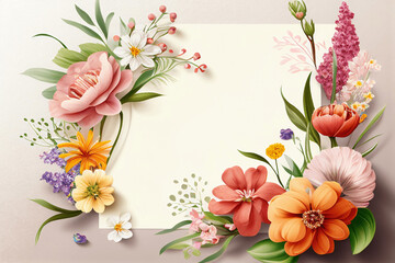 Variety of colorful spring flowers with white copy space. Spring background with mockup space. Illustration AI