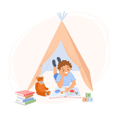 Little boy reads book out loud to teddy bear while lying on his stomach inside play tent. Cozy reading nook. Concept of education, learning letters, reading, literacy. Vector illustration.