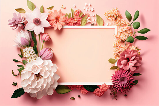 Empty pink picture frame with colorful spring flowers on pink background. Illustration AI