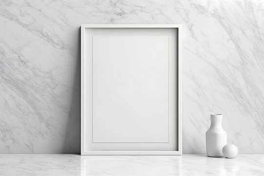 White vertical empty picture frame in room on marble floor against wall with vase pottery for mockup, photo, illustration, advertising