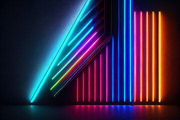 Rays of neon light on a neon wall . An empty stage. Copying space. generated AI